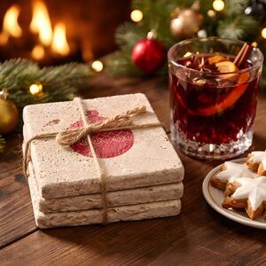 NWOT Rustic Coasters with Red Christmas Ornament Design